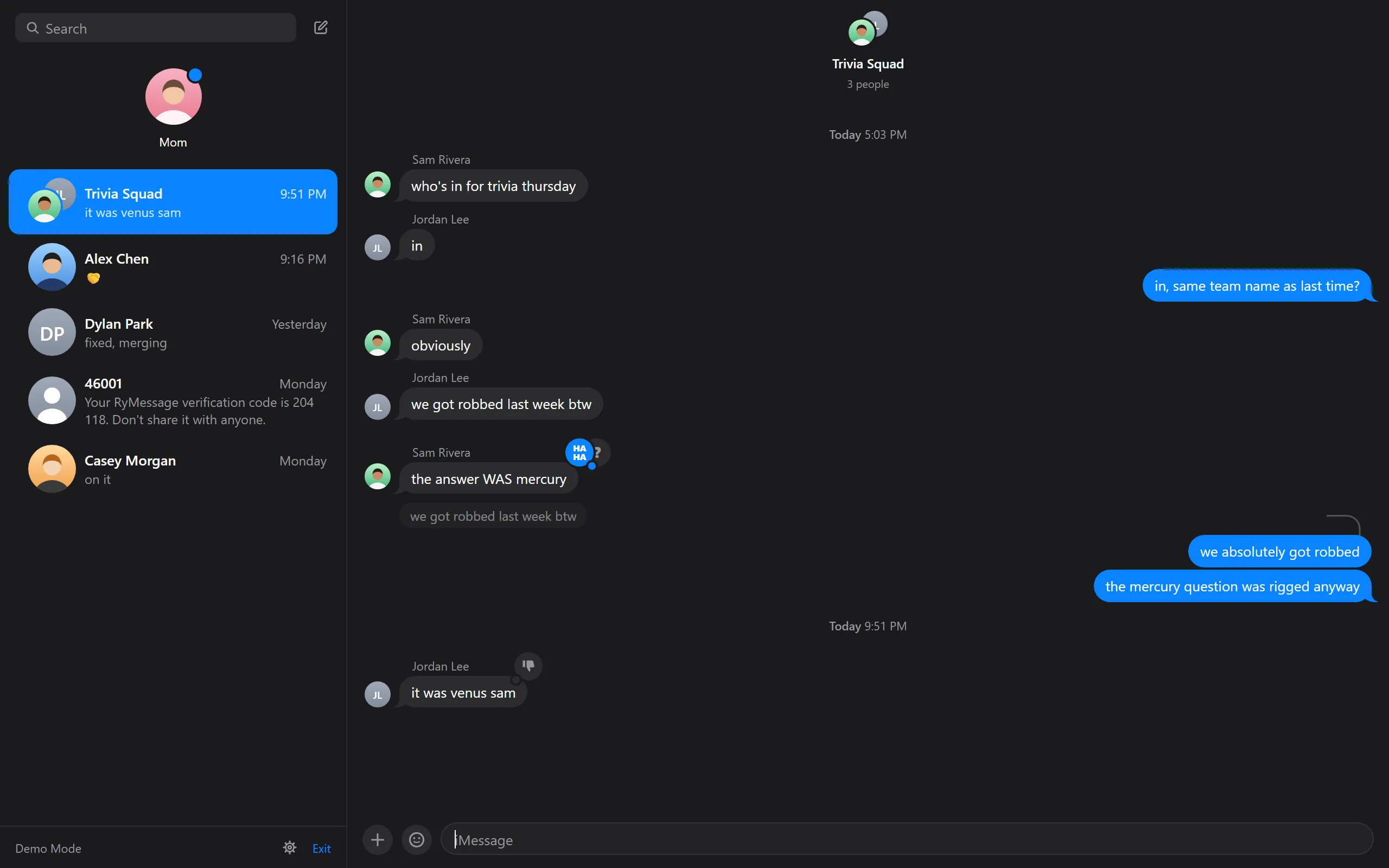 Preview of a RyMessage conversation